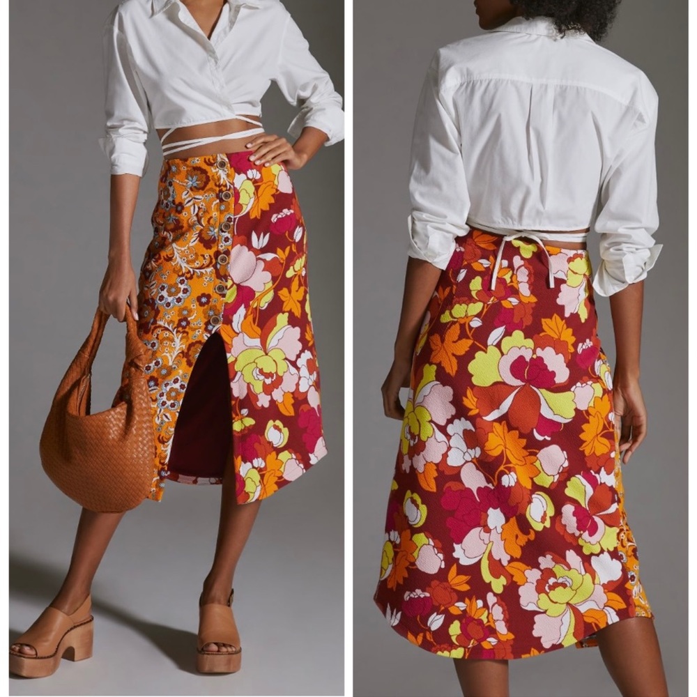 Anthropologie Maeve Button-Front Cutout Midi Skirt